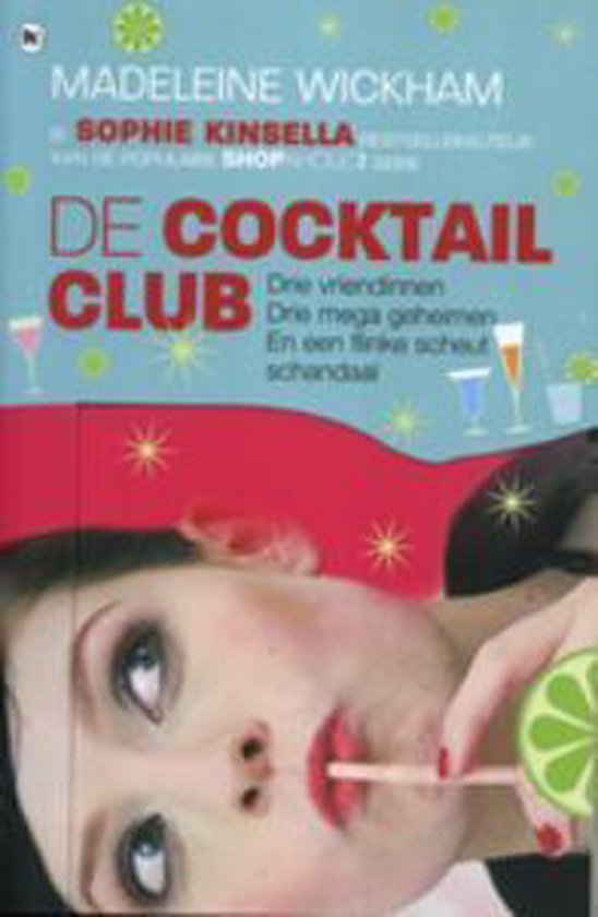 Boek kaft van De Cocktail Club met een vrouw die aan een cocktail nipt. Titel is in rode letters.