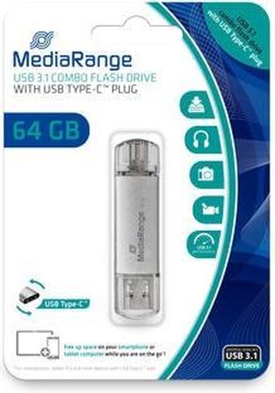 MediaRange USB 3.1 combo flash drive met USB Type-C plug, 64 GB. Zilverkleurige stick met doorzichtige dopjes.