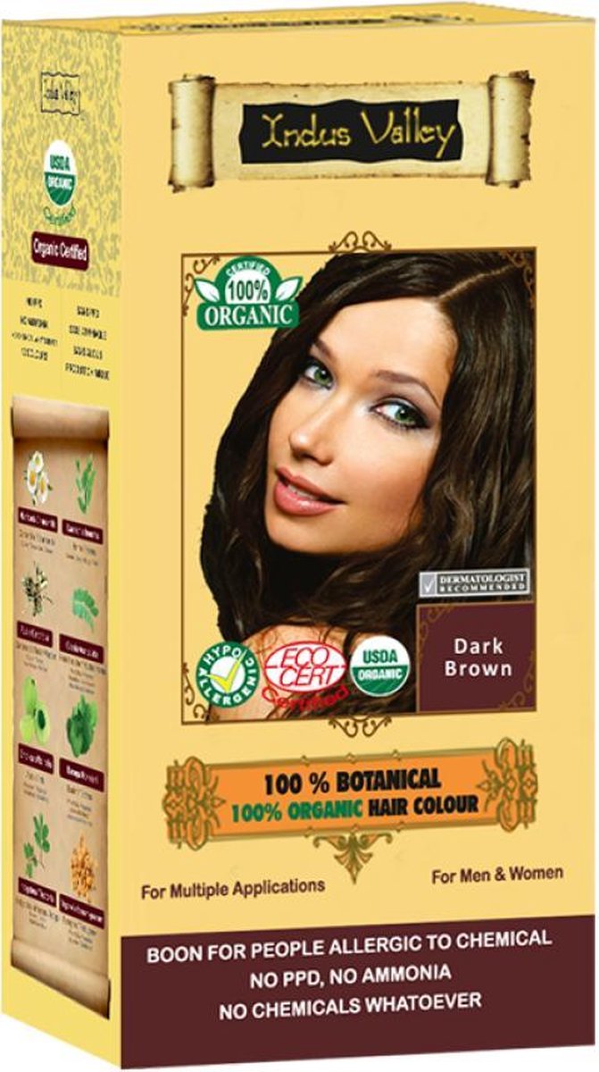 Indus Valley 100% BOTANICAL Dark Brown 100% Natuurlijke BIO Organic 9-Kruiden Haarverf Zonder Ammoniak, Ammonia, PPD, PTD, Peroxide etc. o.a. Henna 120g  VOOR 2 á 4 BEHANDELINGEN!