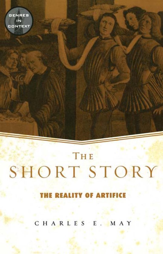 Boekcover van 'The Short Story: The Reality of Artifice' door Charles E. May, met een schilderij van Renaissancefiguren.