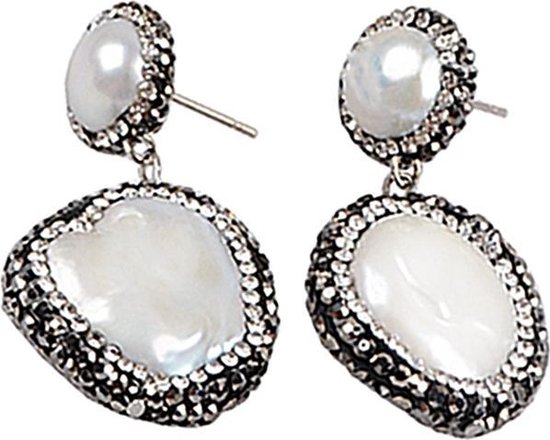 Zoetwater parel oorbellen Double Bling Coin Pearl - oorstekers - echte parels - wit - zwart - stras steentjes