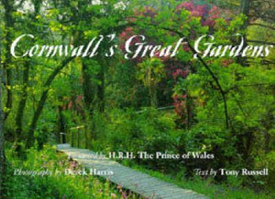 Titelpagina van 'Cornwall's Great Gardens', met een pad dat door een weelderige tuin met bloeiende struiken leidt.