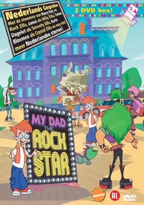 DVD box "My Dad The Rockstar 3 & 4" met Nederlandse stemacteurs en een illustratie van de familie Rock Zilla.
