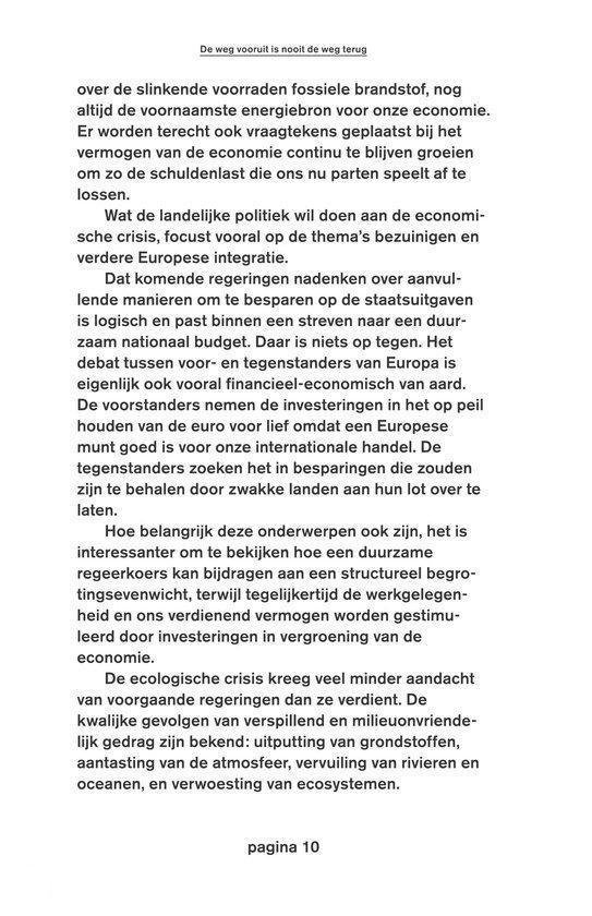 Pagina 10 met de titel "De weg vooruit is nooit de weg terug". Tekst gaat over economie, politiek, Europese integratie en duurzaamheid.
