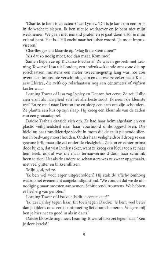 Pagina 9 uit 'Verloren onschuld' met dialoog tussen personages over werk en relaties.