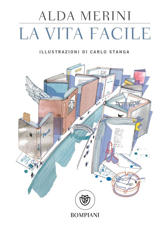 Boekomslag van La vita facile door Alda Merini met een surrealistische illustratie van boeken en een kanaal.