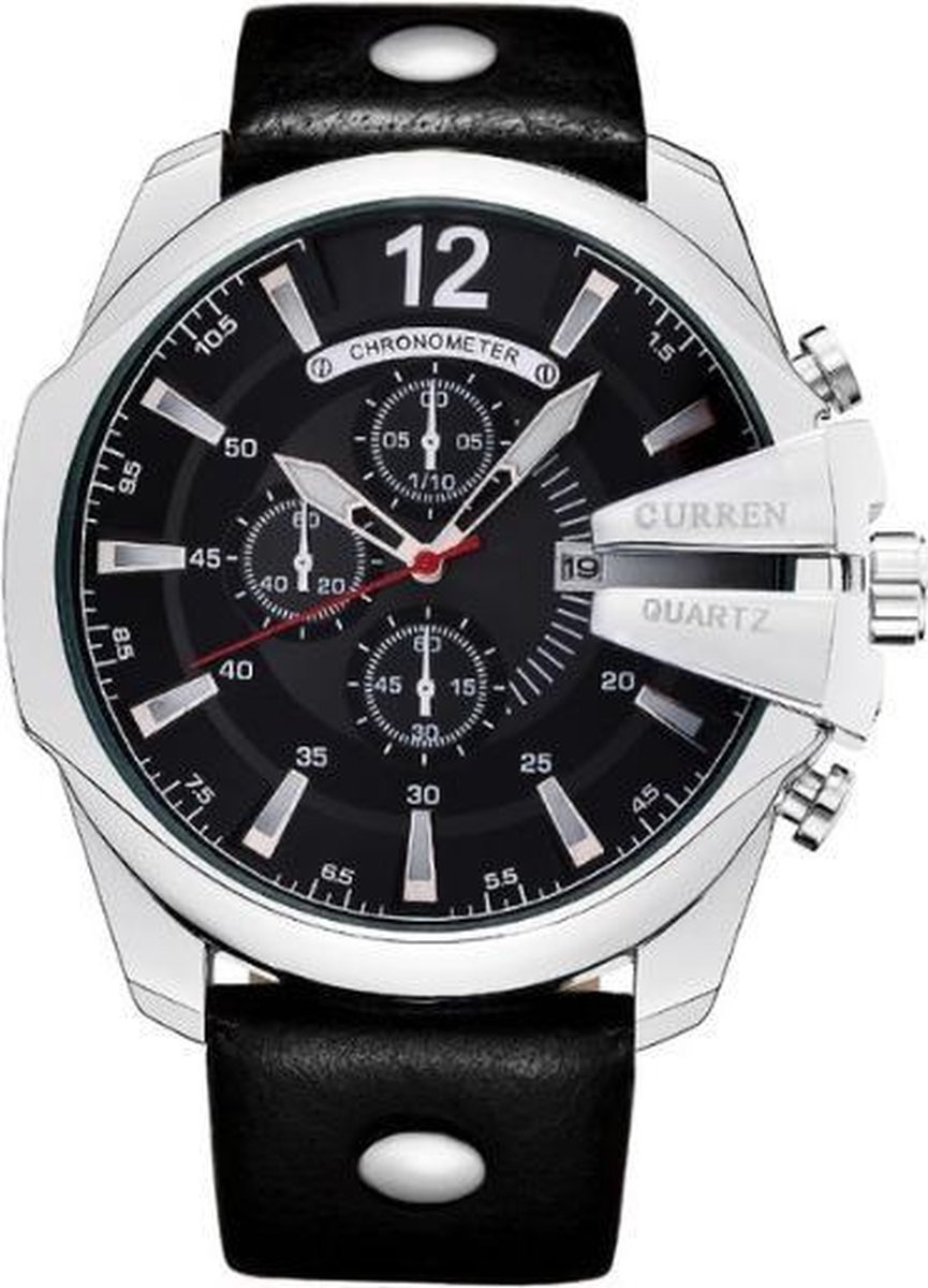 Curren 'Chief Silver' Heren Horloge - Zilver-Zwart - Kunstleder - Ø 57 mm