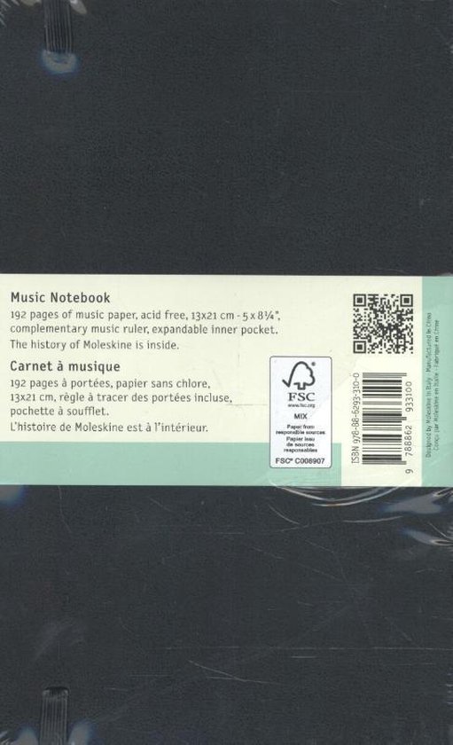 Zwarte Moleskine Music Notebook met 192 pagina's muziekpapier, uitvouwbare binnenzak en muziekliniaal.