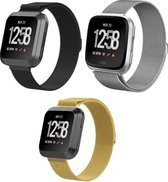 3-Pack Set Milanees Horloge Band Geschikt Voor de Fitbit Versa (Lite) - Milanese Watchband Sportbandje - Armband  Strap Polsband RVS - Large - Goud/Zilver/Zwart Kleurig - Small