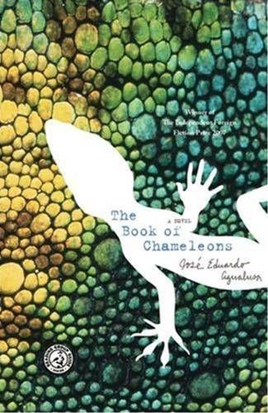 Boek kaft met titel 'The Book of Chameleons' en een witte gestileerde hagedis op een achtergrond van veelkleurige schubben.