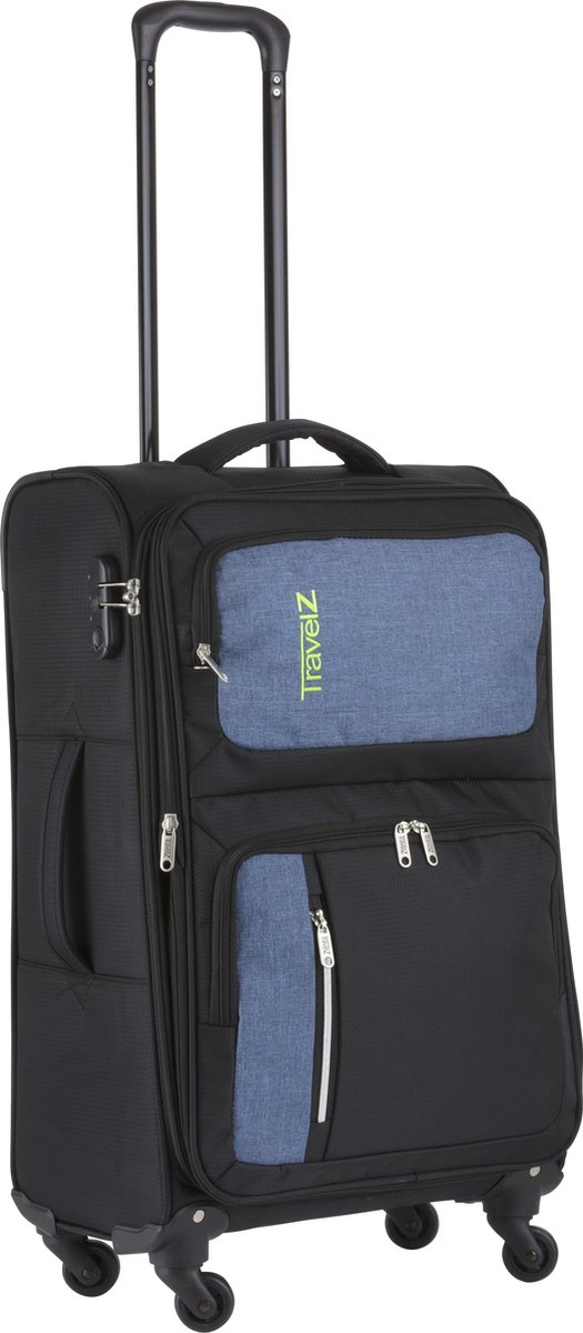 TravelZ Triple Pocket Reiskoffer | Trolley 68cm met voorvakken | Expander 20% extra | Zwart - Travelz