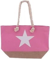 Roze strandtas met witte ster 55 cm - Strandtassen/schoudertassen roze - Shoppers/zomer tassen