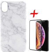 Marmer Hoesje voor Apple iPhone Xs Max Siliconen TPU Soft Gel Case Wit + Screenprotector Full-Screen Tempered Glass van iCall