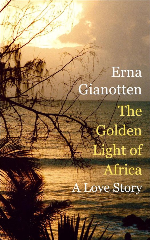 Boek 'The Golden Light of Africa' door Erna Gianotten, een liefdesverhaal. Zonsondergang boven de oceaan met silhouetten van bomen en palmen.