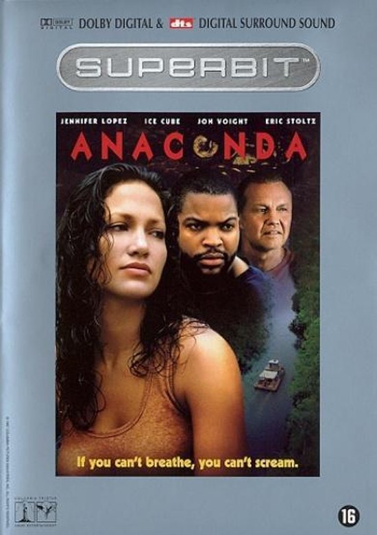 DVD-hoes van Anaconda met Jennifer Lopez, Ice Cube en Jon Voight. Inclusief de tekst 'If you can't breathe, you can't scream.'