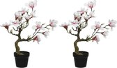 2x Witte/roze Magnolia/beverboom kunsttakken kunstplanten 60 cm in pot - Kunstplanten/kunsttakken