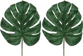 2x Groene fluwelen Monstera/gatenplant kunsttak kunstplanten 80 cm - Kunstplanten/kunsttakken bladgroen - Kunstbloemen boeketten