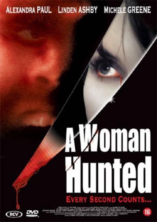 DVD hoes van 'A Woman Hunted'. Een vrouw met bloed op haar gezicht en ogen die bloeden. De titel 'A Woman Hunted' en 'EVERY SECOND COUNTS...' zijn zichtbaar.