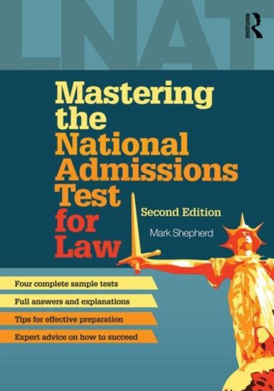 Boek "Mastering the National Admissions Test for Law", tweede editie, met de tekst "Four complete sample tests" en een afbeelding van een figuur met een zwaard.