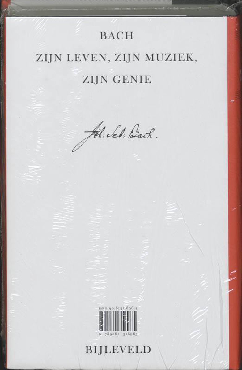 Boek met witte kaft, titel 'BACH ZIJN LEVEN, ZIJN MUZIEK, ZIJN GENIE'.
