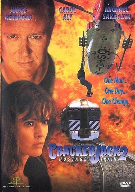 Film poster voor Crackerjack 2: Hostage Train met close-ups van Judge Reinhold en Carol Alt, een man die aan een helikopter hangt en een trein.