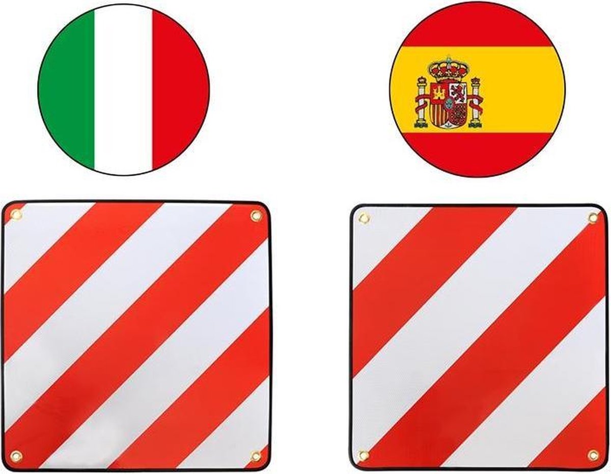 MATADORES Premium 3-in-1 waarschuwingsbord voor Italië en Spanje Portugal, inclusief tas, aluminium, 50 x 50 cm, reflecterend, voor fietsendrager/bagagedrager