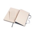 Open saffierblauw notitieboek met blanco pagina's en een bijgevoegd informatieblad.
