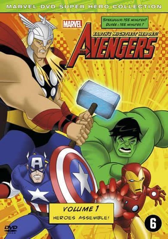 DVD cover met Thor, Captain America, Hulk, Iron Man en de tekst 'The Avengers - Volume 1 - Heroes Assemble!'.