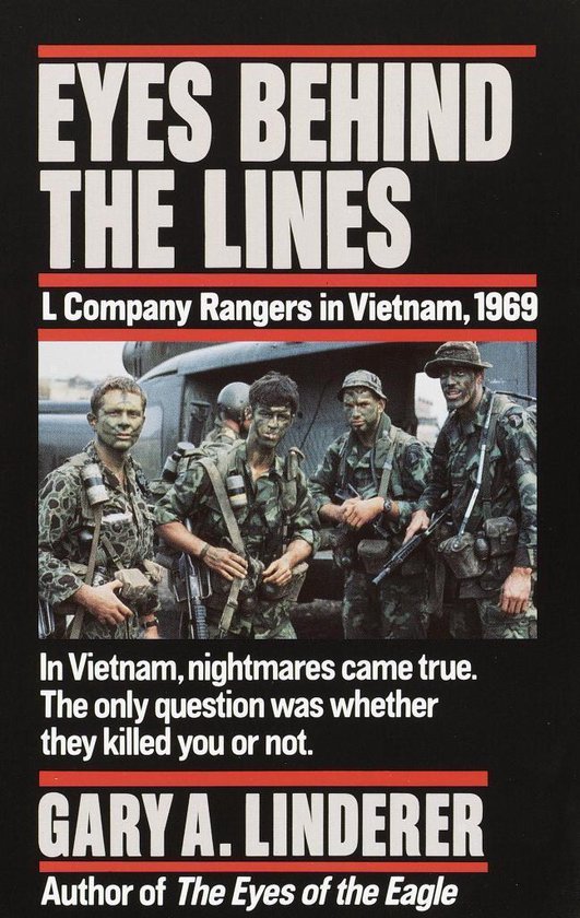 Boekomslag met de titel "Eyes Behind the Lines L Company Rangers in Vietnam, 1969". Vier mannen in camouflagekleding, in Vietnam, 1969.