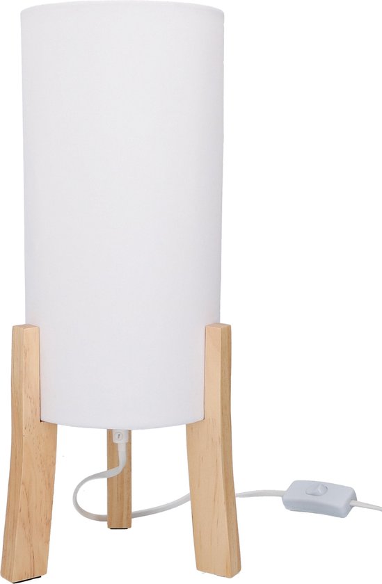 bol.com | Grundig tafellamp – witte, stoffen kap – houten voet – 44 cm hoog  – Ø 15 cm