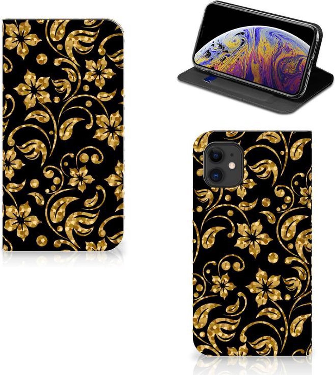 Standcase Hoesje voor Apple iPhone 11 Smart Cover Gouden Bloemen