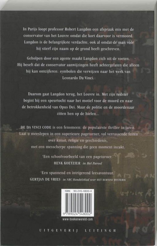 Achterkant boek De Da Vinci Code met beschrijving en ISBN.