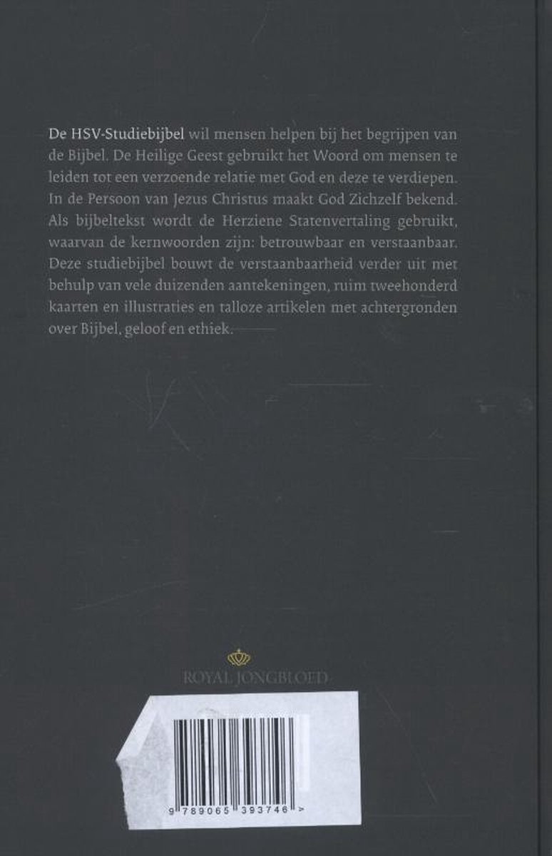 Achterkant van de HSV-Studiebijbel met beschrijvende tekst en een barcode. Donkere achtergrond.