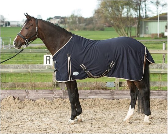 Bruin paard met donkerblauwe deken, beige bies en sluitingen, op een zandbodem.