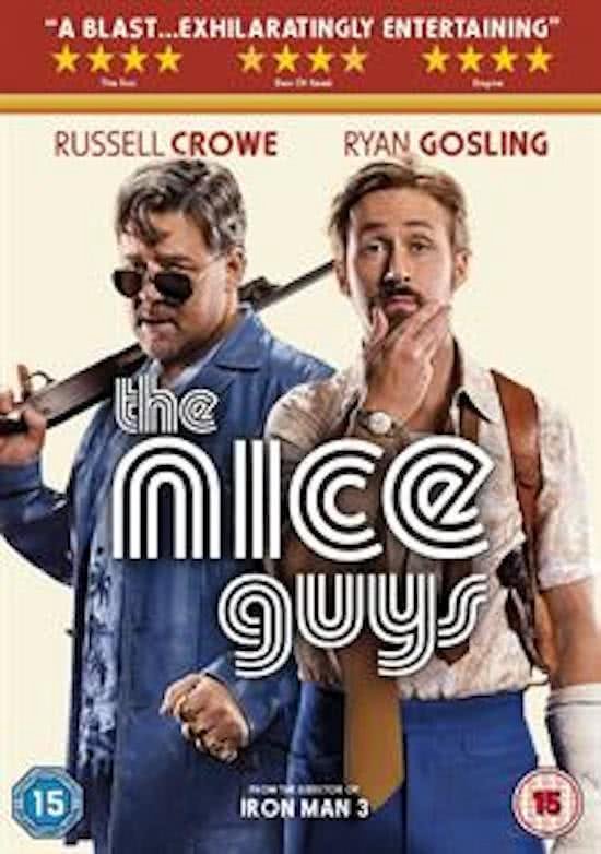 DVD-hoes van The Nice Guys met Russell Crowe met zonnebril en geweer, en Ryan Gosling. Tekst: 'The Nice Guys'.