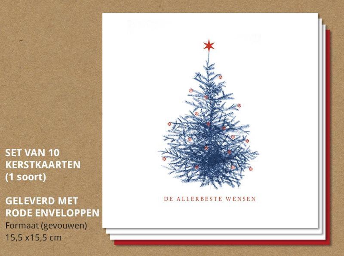 Set van 10 luxe kerstkaarten Kerstboom met roodfolie