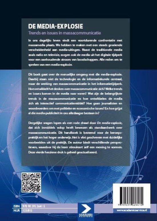 Achterkant van het boek 'De Media-explosie' met tekst en een QR-code.