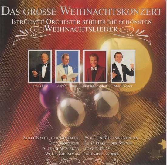 Hoes van "Das Grosse Weihnachtskonzert" met vier orkestleiders en kerstornamenten.