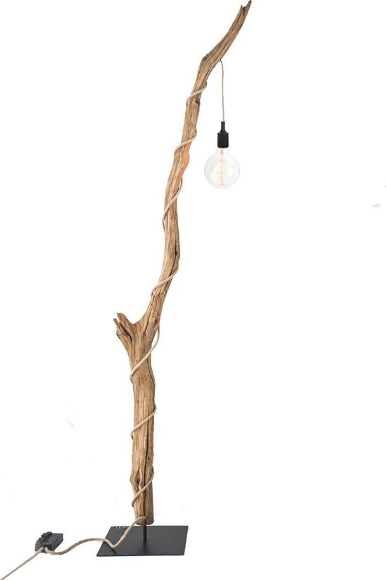 Lampadaire Tronc d'arbre en bois Apesso (câble de corde de bateau / raccord noir)