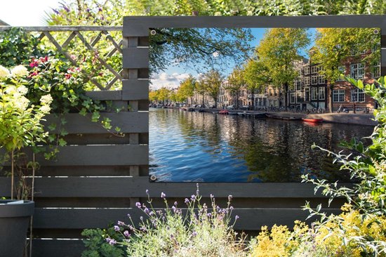 Tuinposter 180x120 cm - Tuindecoratie De Prinsengracht in het centrum van Amsterdam - Poster voor in de tuin - Buiten decoratie - Schutting tuinschilderij - Tuindoek muurdecoratie - Wanddecoratie balkondoek