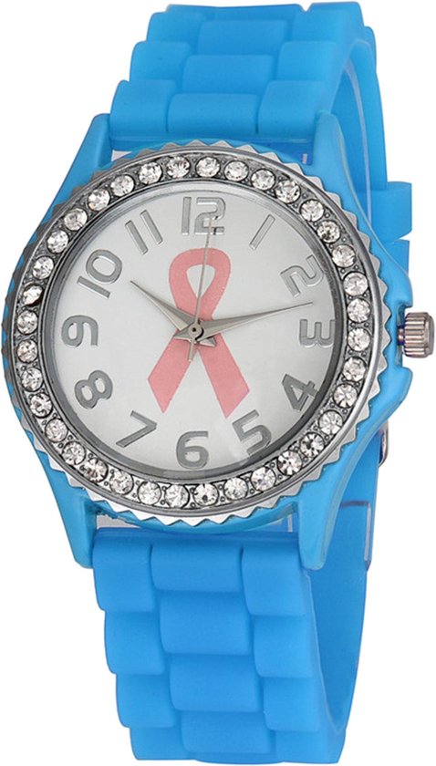 Fako® - Horloge - Kristal Siliconen - Pink Ribbon - Blauw