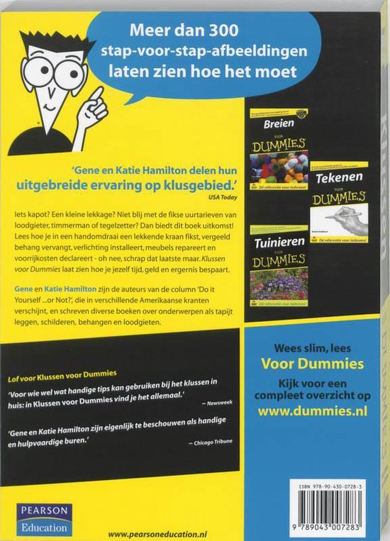 Boekomslag 'Klussen voor Dummies' met uitleg over doe-het-zelf klussen en de auteurs Gene en Katie Hamilton.