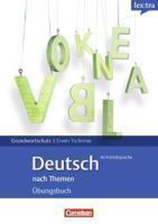 Groene letters van het alfabet hangen aan draden. De tekst 'Deutsch nach Themen Übungsbuch' is zichtbaar.