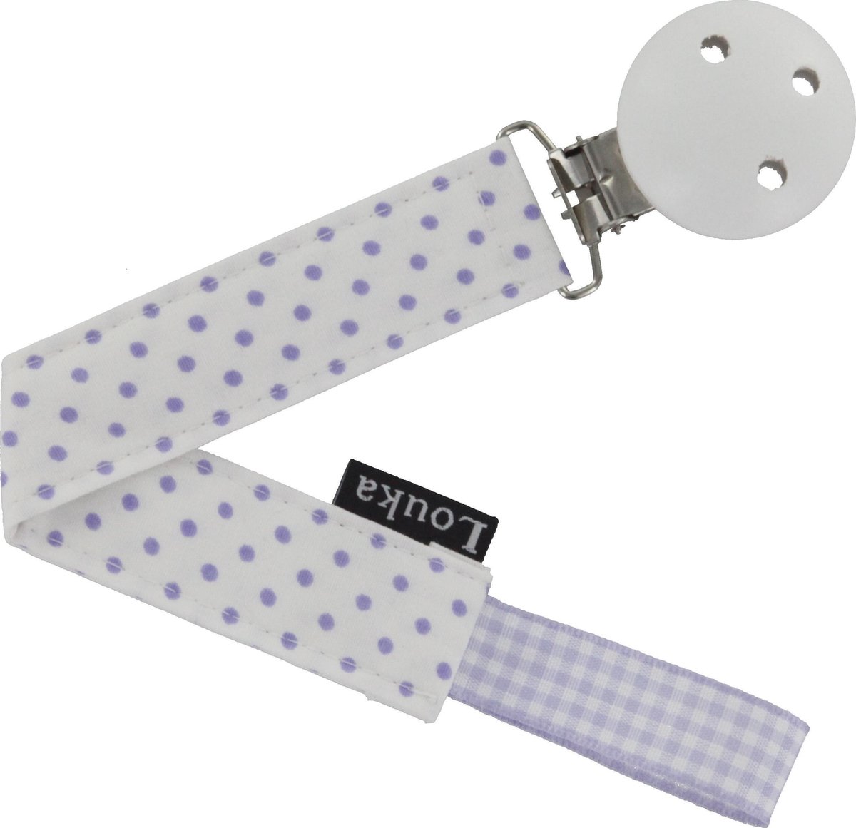 Goedkoopste Louka speenkoord wit met kleine lila stip de luxe - houten clip