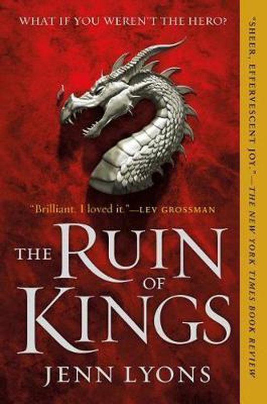 Een boek met een rode kaft waarop een zilveren drakenkop staat. De titel 'THE RUIN OF KINGS' is in witte letters te zien.
