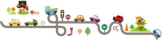 Decoratieve Muursticker - Autoweg met auto's en obstakels - Wanddecoratie voor kinderen