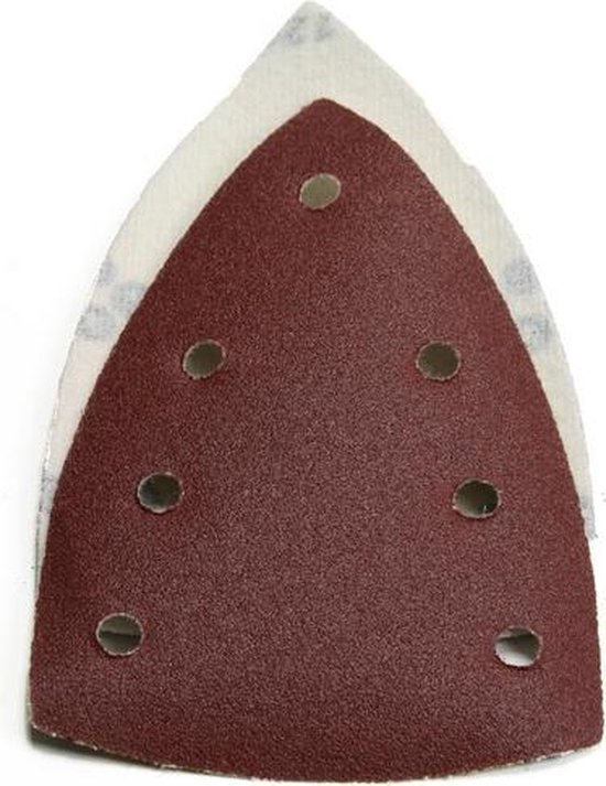 Driehoekige schuurzool met klittenbandbevestiging, korrel 120, roodbruin, met 8 stofafzuigingsgaten.