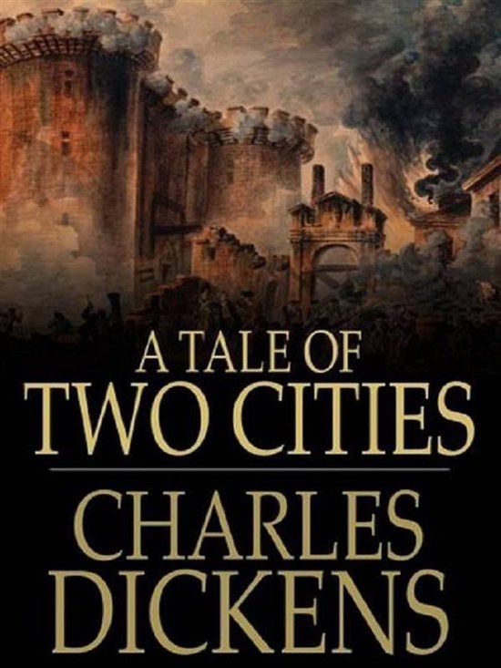 Couverture du livre 'A Tale of Two Cities' de Charles Dickens, avec une ville en ruines en arrière-plan.