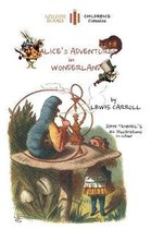 Boekcover van Alice's Adventures in Wonderland met illustraties van John Tenniel: de rups, Alice, de gekke hoedenmaker en de witte konijn.