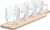 4 Bierglazen op dienblad - Houten dienblad - Bierpullen - 28 cl